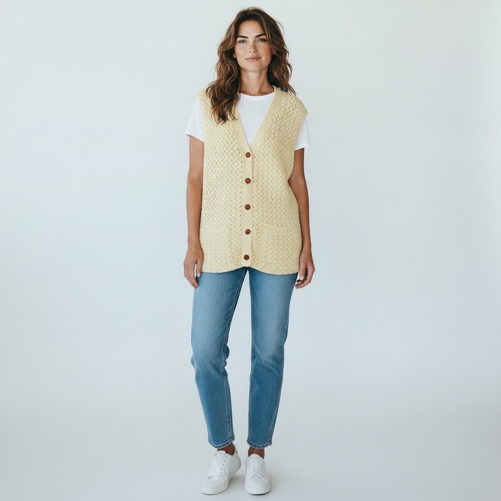 Vintage Hand Knit Button Down Wool Sweater Vest Ivory OS Unisex Grandpa